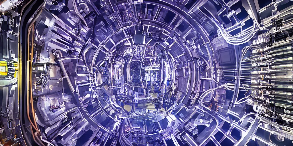 Prompt: inside a functioning fusion reactor, helix and plasma, symmetrical, by Studio Ghibli and Greg Rukowski