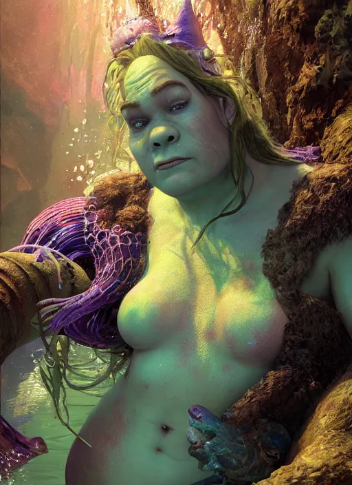 Image similar to underwater portrait of shrek as the mermaid, apocalypse, naturel, hyper detailed, digital art, trending in artstation, cinematic lighting, studio quality, smooth render, unreal engine 5 rendered, octane rendered, art style by klimt and nixeu and ian sprigger and wlop and krenz cushart.