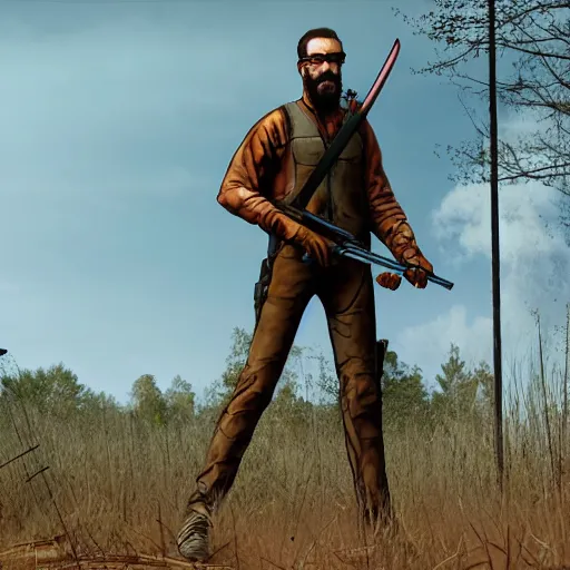 Prompt: a still of Gordon Freeman holding a crowbar in the Walking Dead, 4k, cinematic, hyperdetailed