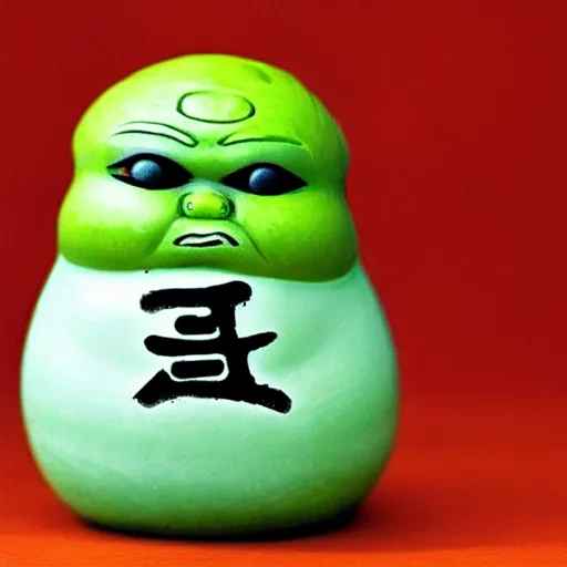 Image similar to photo of a daruma doll that looks like shrek