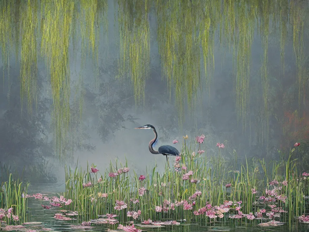 Prompt: a beautiful painting of blue heron in shallow river with waterfalls in distance, lake surrounded by beautiful willow and cherry blosom trees, lily pads, bullrushes, marsh, puffy clouds, morning dawn, intricate, highly detailed digital art, sylized, featured on artstation, by Artgerm and Mikko Lagerstedt