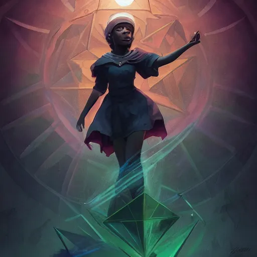 Image similar to anna podedworna illustration of black young witch casting a spell, geometric spell prism, fantasy, mtg, digital 2d, trending on artstation, artstation, dramatic lighting, blurred background, hyper detailed, ultrarealistic, masterpiece, digital art