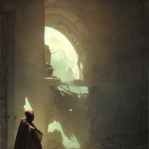 Image similar to half portait of magican wearing a closed cowl and big old book! chained to the wrist, jeremy mann, jean - leon gerome, tiepolo, alphonse mucha, greg rutkowski, face in the shadows, ( ( ruins of ancient rome ) ), at dusk, mysterious atmosphere, sunrays, dof, high detailed, 8 k