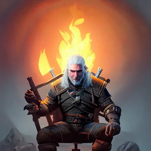 Image similar to geralt the witcher 3 sitting in front of a campfire at night alone warmth d & d fantasy intricate elegant highly detailed digital painting artstation concept art matte sharp focus illustration hearthstone art by artgerm art by greg rutkowski art by alphonse mucha