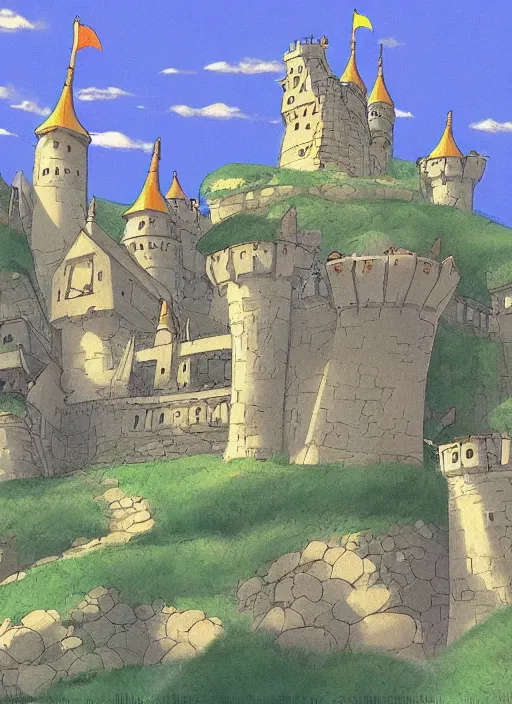 Image similar to cartoon illustration of a castle on top of a hill, concept art by hayao miyazaki, featured on pixiv, fantasy art, concept art, official art, anime aesthetic