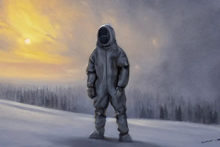 Image similar to ryan church jon mccoy concept art mood painting man wearing grey hazmat suit gas mask sitting against concreate wall snow covered field watching the beautiful winter sunrise