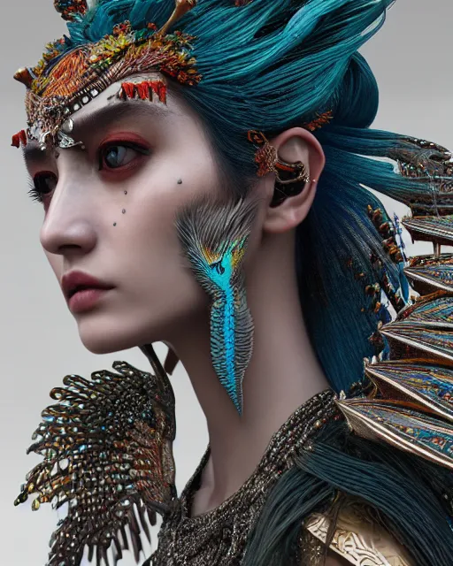 Image similar to 3 d warrior goddess close - up profile portrait. beautiful hyperrealistic intricate highly detailed chuu!! magpie helm and richly embroidered blouse, quetzalcoatl, bioluminescent, smolder, plasma, lava, ice, feather, windy, artwork by tooth wu and wlop and annie leibovitz, octane 3 d render