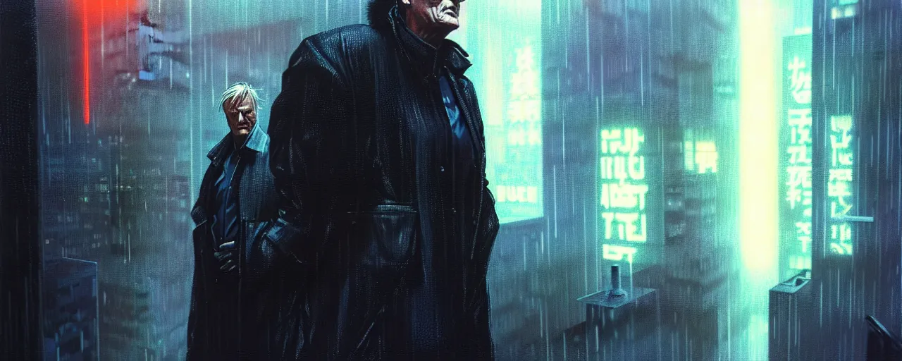 Image similar to duotone tech noir concept illustration 3 / 4 portrait of rutger hauer as roy baty in blade runner on rooftop in rain. cinematic volumentric lighting. accidental renaissance. by sachin teng and sergey kolesov and ruan jia and heng z. graffiti art, scifi, fantasy, hyper detailed. octane render. concept art. trending on artstation