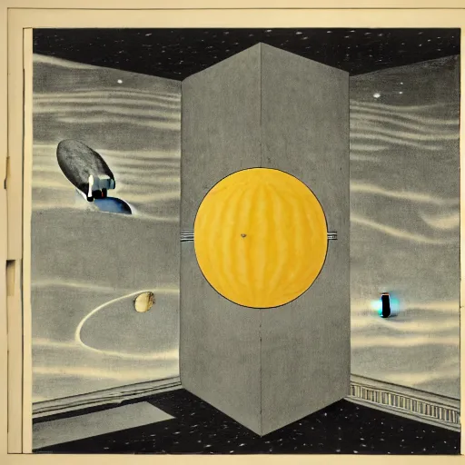 Image similar to a parade of disconnected images : obscure corners of nameless interiors, astronomical diagrams projecting the distances between celestial bodies, a painting by giorgio de chirico, a list of unpopular anagrams.