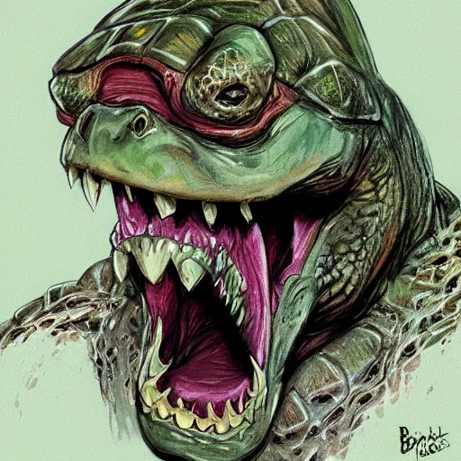 Image similar to a turtle monster ,monster teeth, chalk digital art, fantasy, magic, trending on artstation, ultra detailed, professional illustration by Basil Gogos