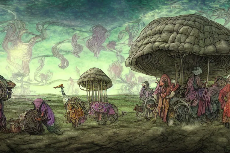 Image similar to caravan of portobello mushroomfolk merchant nomads traveling through a psychedelic landscape, in the style of Greg Broadmore and Arthur Rackham and Moebius, trending on artstation, light lighting side view,digital art,surrealism ,macro,blueprint ,vaporwave ,