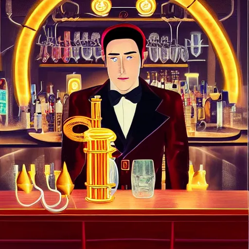 Image similar to portrait of a male cyborg bartender, chinese, slick brushed - back hair, half - robot half - human, red velvet mao suit, golden ascot, steampunk monocle, in a dark bar lit by floating lights, post - impressionist