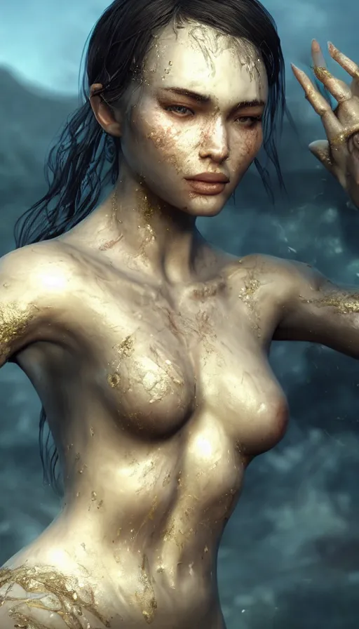 Image similar to epic masterpiece torment, drama, sweaty skin, hyperrealistic, octane render, cinematic, beautiful face and flawless skin, perfect hands, 5 fingers, gold by Ross Tran, Legends of Runeterra