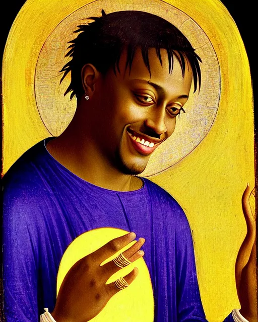 Prompt: rapper juice wrld legend rockstar smiling with a yellow halo above his head by fra angelico renaissance painting