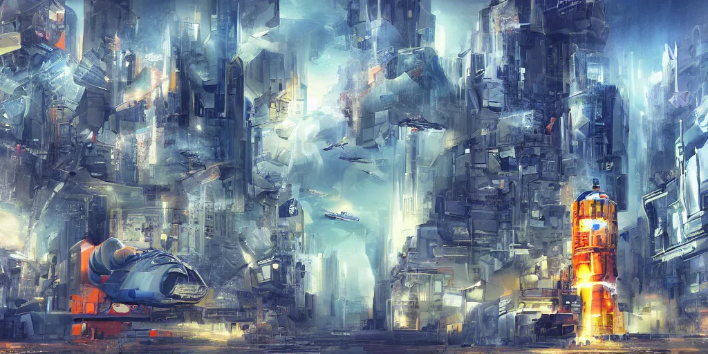 Prompt: multi - dimensional urban space, exotic concepts, digital painting, spacecraft, rocket, 3 d city, city sky