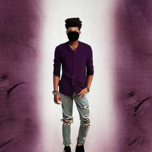 Image similar to professional digital art of a full-body view of a stylish young adult man with short hair wearing a black face mask, a striped long-sleeved shirt, and ripped jeans, high quality, HD, 8K, highly detailed, award-winning, dark purple clouds