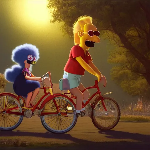 Prompt: Hyper realistic portrait of Joe Biden sniffing little Lisa Simpson's long flowing hair while they ride a bicycle together, little Lisa Simpson is sitting in the basket on the front of the bike, Cinematic lighting, ultra super good realistic 3D render by Gerald Brom and James Jean, Trending on Artstation, 8k, post processing, sharp focus