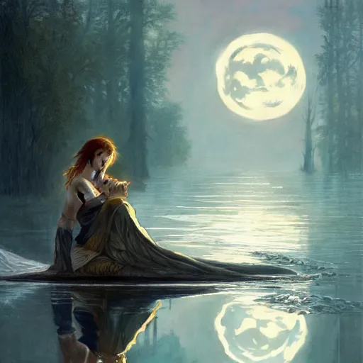 Image similar to excalibur rising from the middle of a lake under a giant full moon, rippling reflections, romantic, cinematic, intricate, elegant, highly detailed, artstation, concept art, smooth, sharp focus, art by alphonse mucha and Monia Merlo and Raymond Swanland and greg rutkowski