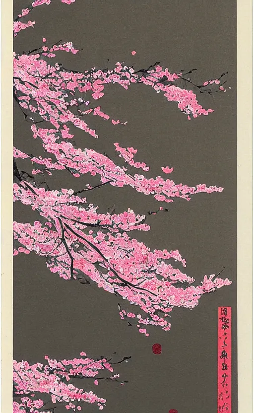 Prompt: by akio watanabe, manga art, the light pink and silver curtains of a theatre, cherry blossoms falling from top, trading card front