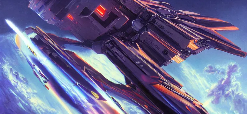 Prompt: beautiful masterpiece painting of spaceship in space, Gallante Thantos Carrier, cyberpunk, by juan ortiz 8k