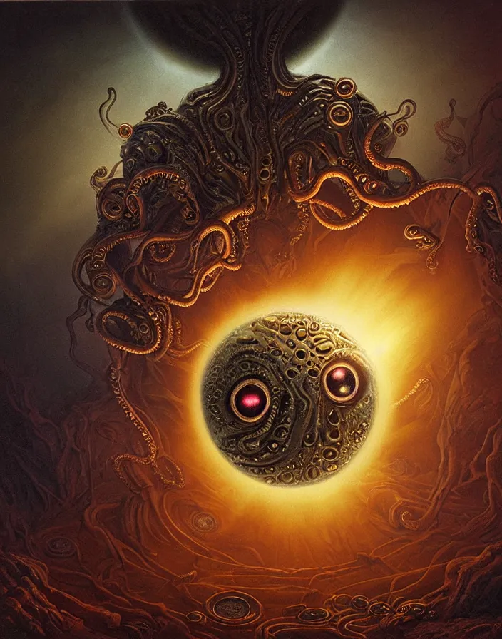 Image similar to a detailed digital art of an alien creature with multiple eyes and tentacles emerges from a glowing orb in the center of a dark, foreign landscape,by Albert Bierstadt, Yohann Schepacz and Laurel Burch,style of grim dark, Kai Fine Art, chiaroscuro, dark academia, copper patina,detailed, ornate, maximalist, 8k, cinematic, compositing, post processing, award winning art,artstationHQ,artstationHD