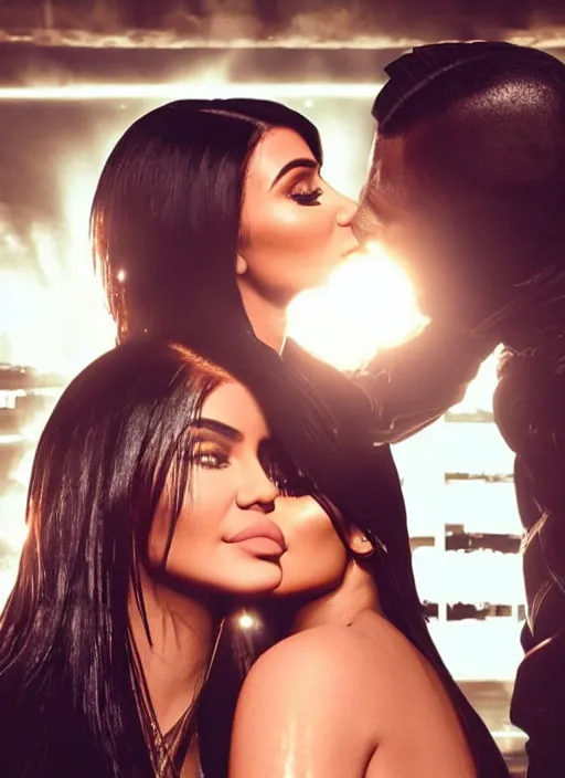 Image similar to film still of kylie Jenner kissing kim kardashian romanticly, scenic cyberpunk city backround, cinematic lighting, cinematic