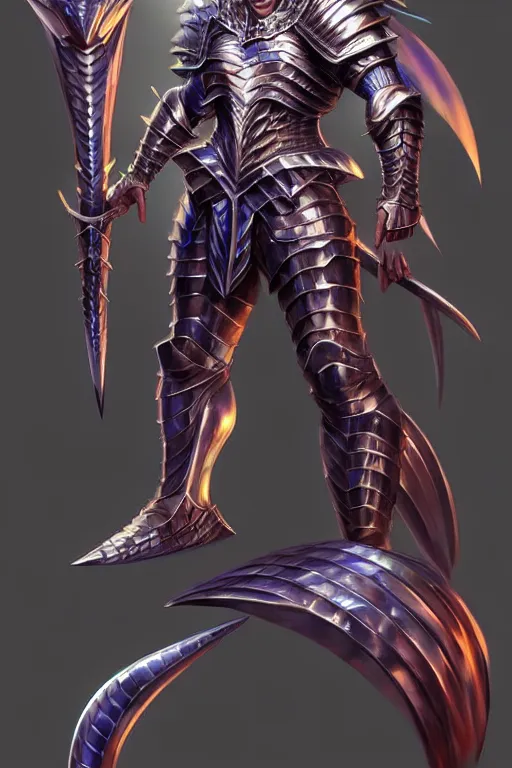 Image similar to Full body character concept art of an anime draconian warrior knight, iridescent scales, cool face, muscular, by Stanley Artgerm Lau, WLOP, Rossdraws, James Jean, Andrei Riabovitchev, Marc Simonetti, and Sakimichan, tranding on artstation