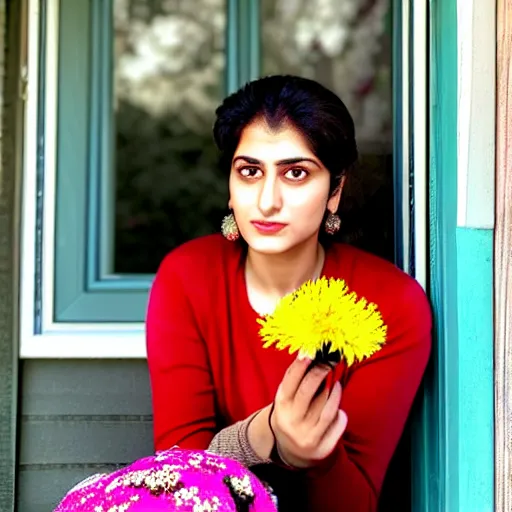 Prompt: a beautiful portrait of actress rabia soyturk sitting on the porch holding a flower, in front of the house