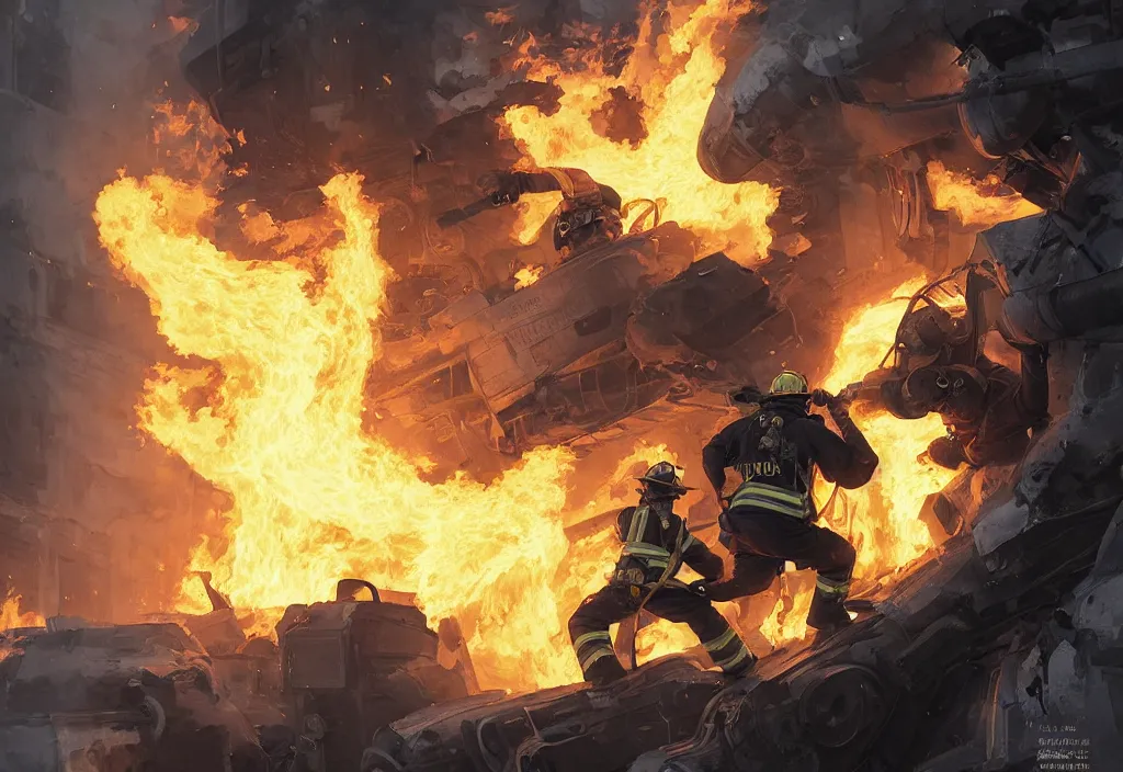 Image similar to heroic firefighter in action in black and yellow uniform, fire flames, sharp details, sharp focus, elegant, highly detailed, illustration, by jordan grimmer and greg rutkowski and pine ( ハイネ ) and 薯 子 imoko and 香 川 悠 作 and wlop and maya takamura, intricate