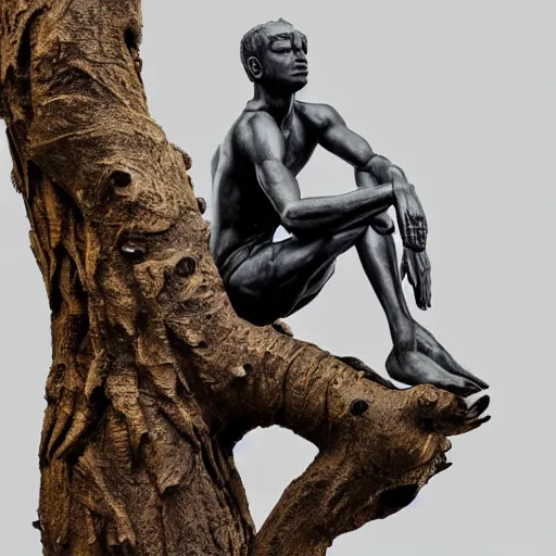 Image similar to a human man statue stuck in a cosmic tree, a sense of awe, amazement, monogon, plasma display, wooden, silver, mercury, damascus, armature wire, multiscopy, morph, in a symbolic and meaningful style, insanely detailed and intricate, hypermaximalist, elegant, ornate, hyper realistic, super detailed,