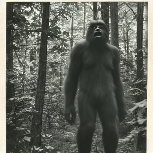 Prompt: vintage photography of a sasquatch in the woods