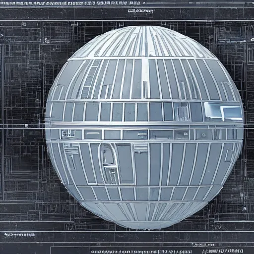 Image similar to blueprints of the Death Star, hyperealistic