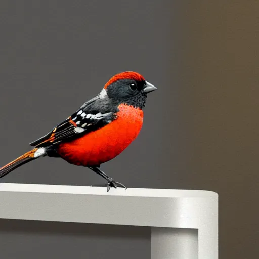 Prompt: a spotted towhee sitting on a marble balcony railing, vector graphic, six colors