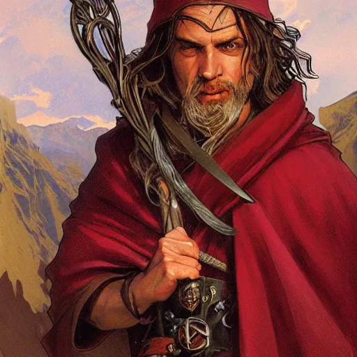 Image similar to ezra the elven desert bandit. Red robes. Epic portrait by james gurney and Alfonso mucha (lotr, witcher 3, dnd).