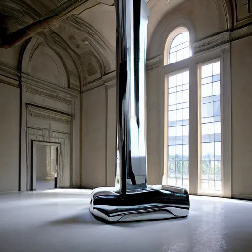 Image similar to giant Italian modern castle living room, clean minimalist design, that is 1300 feet tall, with very tall giant walks, giant modern stainless steel sculpture by John Chamberlain, photo by Annie Leibovitz