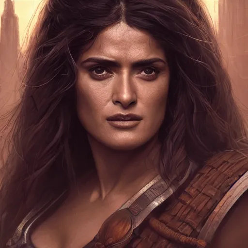 Image similar to portrait, Salma Hayek , barbarian , face portrait, raphael lacoste, eddie mendoza, alex ross, concept art, matte painting, highly detailed, rule of thirds, dynamic lighting, cinematic, detailed, denoised, centred