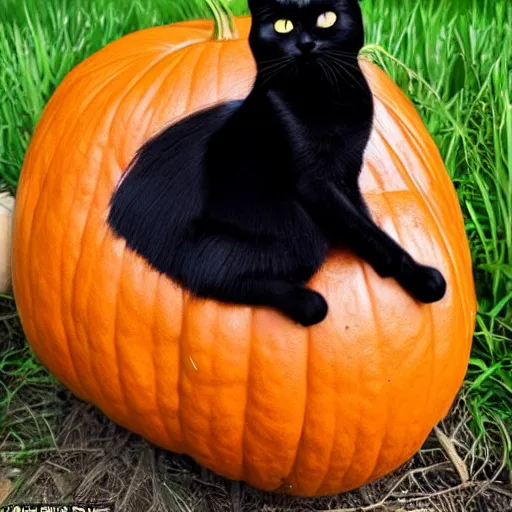 Image similar to a singular black cat resting on top of a pumpkin, simple, cute