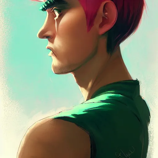 Image similar to a man with a round pink head a green mohawk green eyebrows and a long pointy red nose, realistic shaded perfect face, fine details. realistic shaded lighting poster by ilya kuvshinov katsuhiro, magali villeneuve, artgerm, jeremy lipkin and michael garmash, rob rey and kentaro miura style, trending on art station