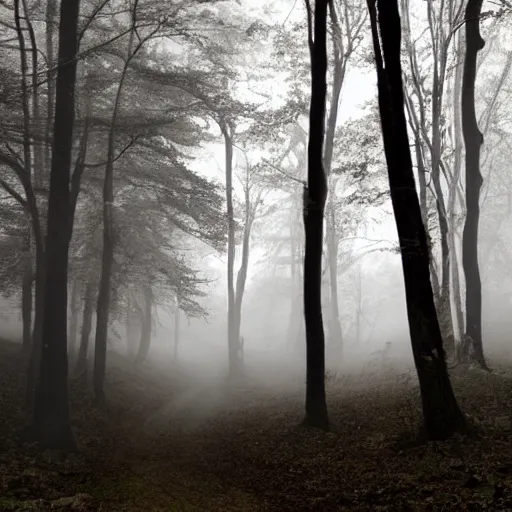 Image similar to a realistic red and Black Forest with fog