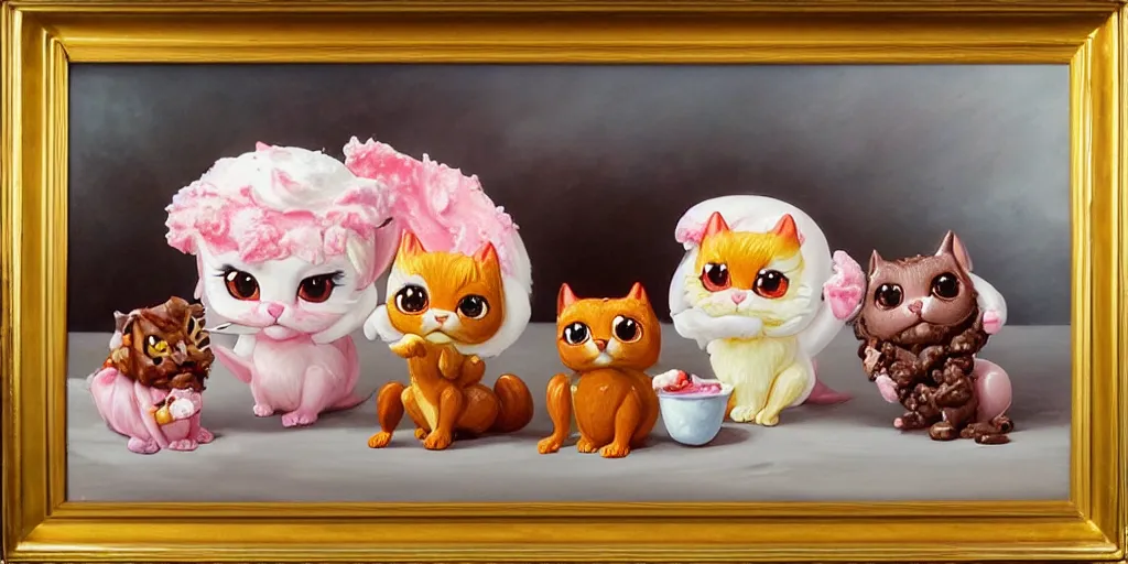 Prompt: ice cream made in the shape of 3 d littlest pet shop cats and dogs and squirrels, realistic, melting, soft painting, desserts with chocolate syrup, toppings, ice cream, master painter and art style of noel coypel, art of emile eisman - semenowsky, art of edouard bisson