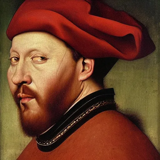 Prompt: portrait of kevin james, oil painting by jan van eyck, northern renaissance art, oil on canvas, wet - on - wet technique, realistic, expressive emotions, intricate textures, illusionistic detail