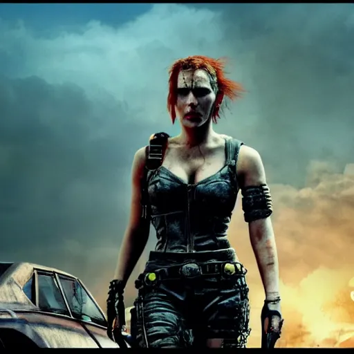 Prompt: Fury Road scarlett johansson after a bad mission in Cyberpunk 2077. CP2077. 3840 x 2160