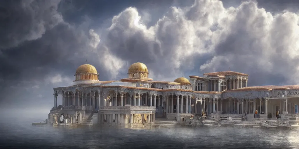 Prompt: beautiful digital illustration of a floating Byzantine palace in the clouds, fluffy cotton candy clouds clouds, architecture, concept art, deviantArt, artsation, artstation HQ, HD, 16k resolution, smooth, sharp detail, amazing depth, octane, finalRender, Unreal Engine