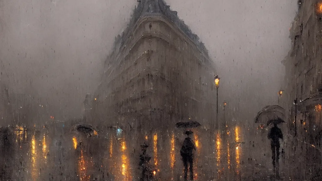 Prompt: rainy night in paris, greg rutkowski