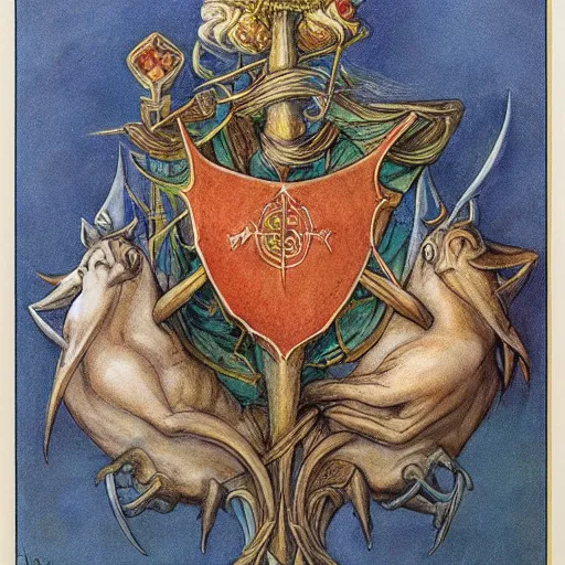 Prompt: coat of arms by brian froud