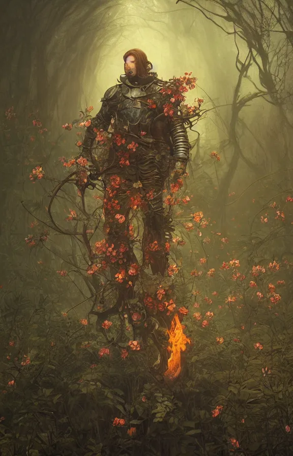 Image similar to a knight among flowers in dark forest surrounded by fire and smoke, moody, rim light, dynamic lighting, cinematic shot, gritty, ultra - detail, renderman, physically based render, jean delville, gustave dore and marco mazzoni