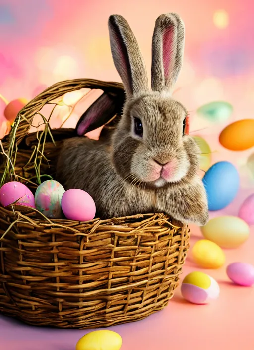 Prompt: a 3 5 mm photo of a lop - eared bunny sitting in an easter basket full of colorful easter eggs, bokeh, canon 5 0 mm, cinematic lighting, film, photography, golden hour, depth of field, award - winning, art by greg rutkowski, maxfield parrish and alphonse mucha