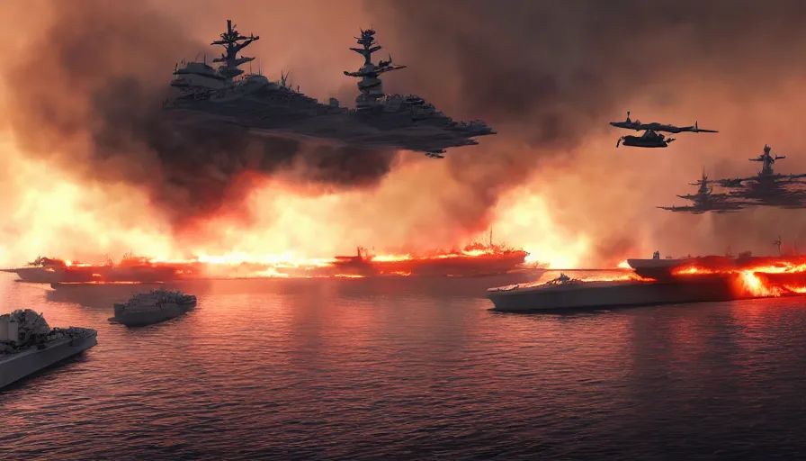 Image similar to burning sinking aircraft carrier with little boats trying to put out the fire at sunset, hyperdetailed, artstation, cgsociety, 8 k