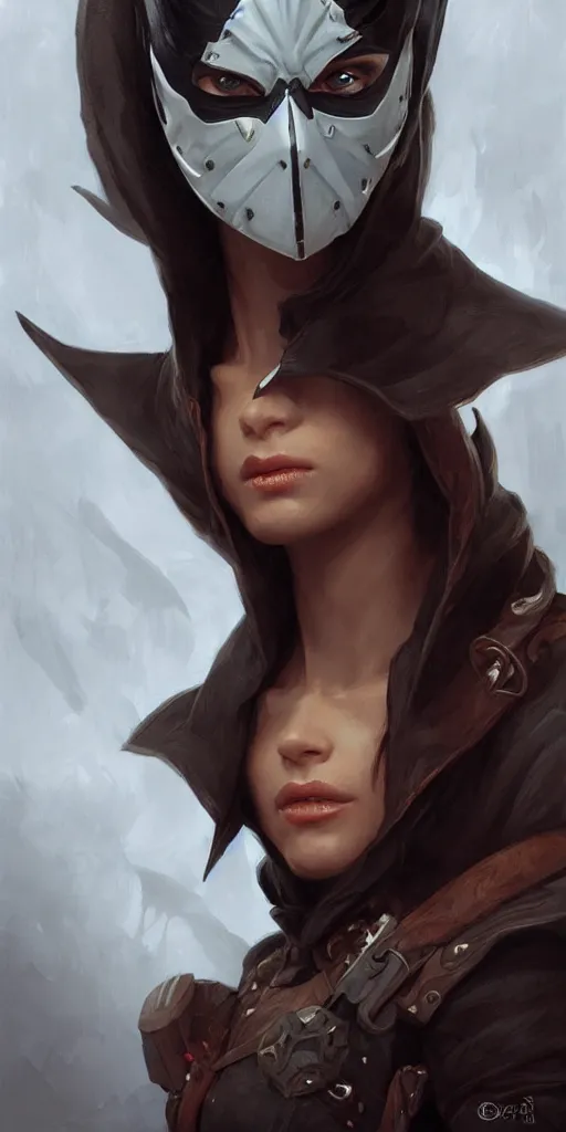 Prompt: portrait of one vigilante rogue thief, wearing domino mask, D&D, fantasy, highly detailed, beautiful face, realistic body structure, digital painting, artstation, smooth, sharp focus, illustration, art by artgerm and greg rutkowski and alphonse mucha