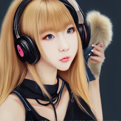 Image similar to realistic beautiful gorgeous natural cute Blackpink Lalisa Manoban blonde hair cute fur blonde cat ears, wearing camisole, wearing headphones, wearing black leather choker artwork drawn full HD 4K highest quality in artstyle by professional artists WLOP, Taejune Kim, Guweiz on Artstation Pixiv